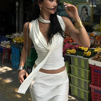 Solid Tank Summer New Women Sexy Sleeveless V-Neck Lady Top Fashion Bandage Streetwear Casual Slim Tank Elegant Knitted Clothing