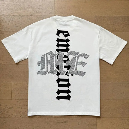MIXED EMOTION Rhinestone Short Sleeve Men Women Tshirt Streetwear Cotton Loose Round Neck Top Tees Oversized Tee Top Trendy