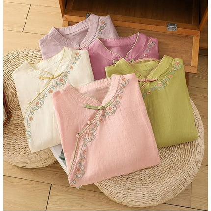 Casual Loose Blouse Shirt Women Clothes Summer Cotton Linen Ladies Tops Tee Blusas Vintage Embroidery Woman Shirt Camiseta Mujer