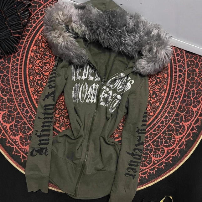 Aesthetics Vintage Women Y2K Zip up Hoodie Hip Hop Grunge Goth Hooded Sweatshirt Punk Casual Harajuku Letter Print Streetwear