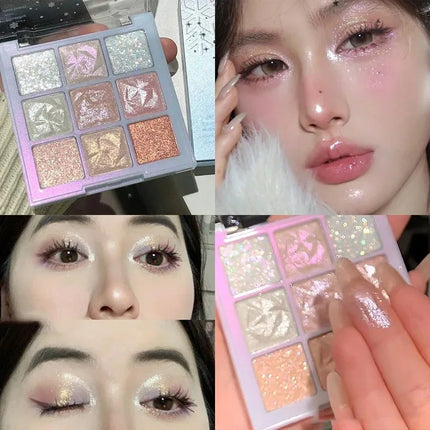 9-Color Snowflake Diamond Eyeshadow Palette Rose Pink Glitter Flash Polarization Highlighter Brightening Shiny Eye Makeup Tools