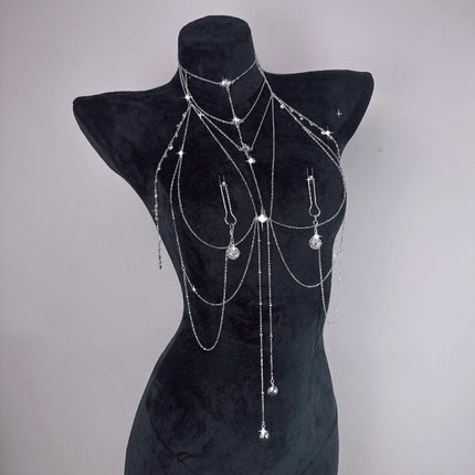 Sparkling Body Chain with Nipple Clamps Collar All-in-One BDSM Training Set Paired with Waist Chain Sexy Accessories Sex Toys