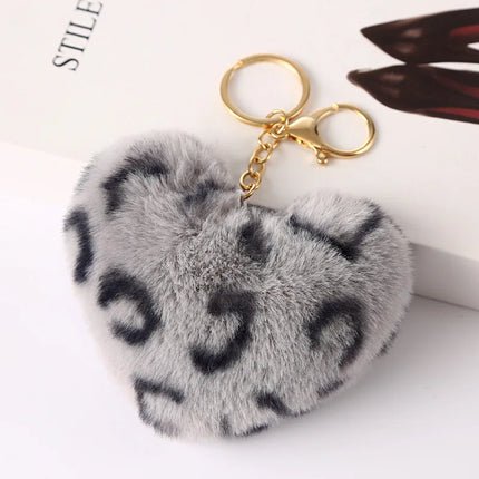 New Heart Plush Hair Ball Keychain Women Leopard Pompom Love Car Key Chain Bags Pendant Hairball Key Rings Jewelry llaveros 키링