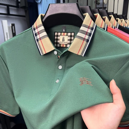 High-end luxury brand men's short-sleeve polo shirt, summer breathable cotton plaid lapel top, fashion embroidered casual T-shirt