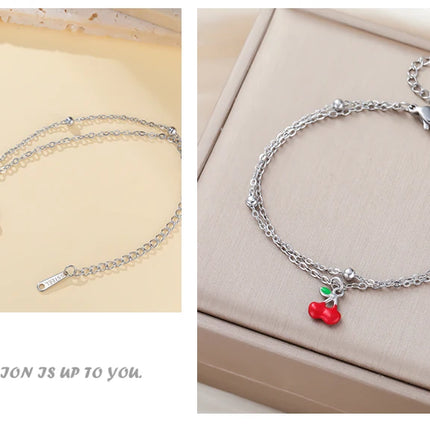 Teamer Enamel Cherry Charm Bracelet For Woman Gold Color Stainless Steel Double Bead Chain Fashion Birthday Friend Jewelry Gift