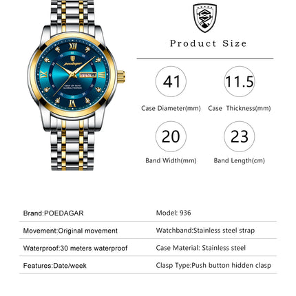 POEDAGAR Luxury Fashion Men's Wristwatch Waterproof Stainless Steel Luminous Trendy Men's Watch Date Week Men's Quartz Watches Reloj