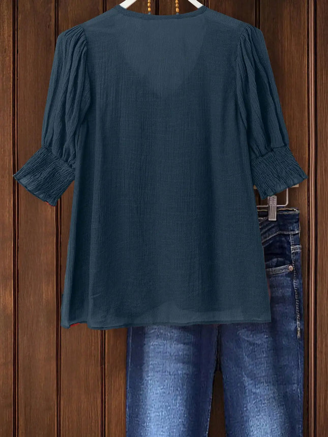 Plus Size Bohemian Style Vacation Short-Sleeved Linen Blend Shirt Top for Women
