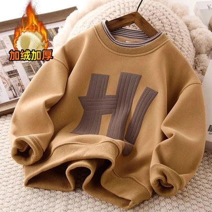 New Autumn winter Boys girls Fleece Thickened Sweater Cartoon Printed Letters Children's Leisure Fake 2 Piece Warm Top 3-14Y