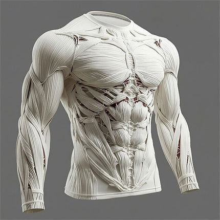 2026 New Men's Creative Muscle Texture Print T-Shirt Quick-Dry Crew Neck Long Sleeve Top Men's Casual Long Sleeve Pullover