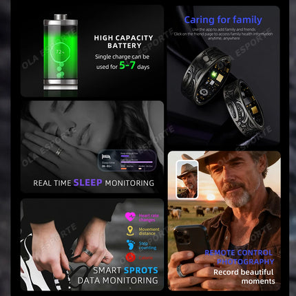 2026 New Fitness Retro Smart Ring Heart Rate Blood Pressure Sleep Monitoring Health Smart Ring Multiple Sports Modes Waterproof