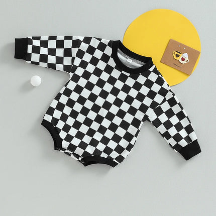 Baby Boy Girl Checkered Sweatshirt Bodysuits Oversized Long Sleeve Bubble Romper Jumpsuits Tops Neutral Baby Fall Clothes