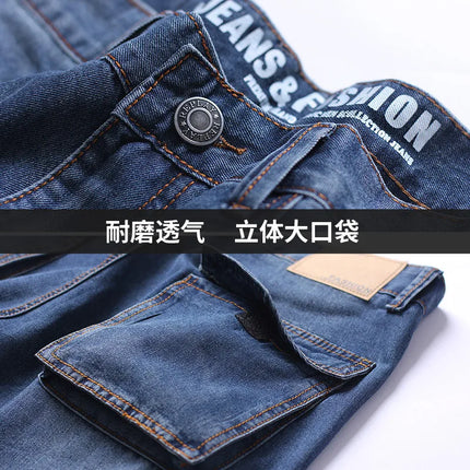 New Summer Men's Multi-pocket Jeans, Workwear-style Blue Denim Shorts, Asian Sizes 30–42.
