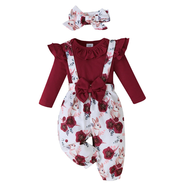 3PCS Clothes Outfits for 1-24 Months Newborn & Toddler Baby Girl Long Sleeves Romper + Flower Strap Pants Cute Christmas Costume