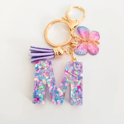 Fashion Butterfly Fringe Initial Keychain Drop Glue Blend Sequin A-Z26 Letter Keychain Cute Ladies Student Bag Accessory Gift