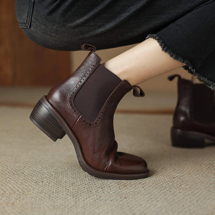 Krazing Pot Big Size 34-43 Cow Leather Round Toe High Heels Retro Modern Chelsea Boots Warm Winter Shoes Motorcycles Ankle Boots