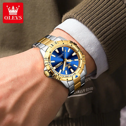 OLEVS Men's Watches Luxury Diving Series Stainless Steel Waterproof Luminous Dual Calendar Fashion Quartz Wristwatch for Men