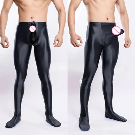 Men Sexy Bodystockings Long Leg Leggings U Convex Elephant Trunk JJ Bodysuit Oil Glossy Shiny Elastic Bodybuilding Jumpsuit Porn