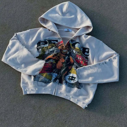2026 new American street style casual fashion zipper hooded sweater printed pattern Pearl stereo pattern decoration unisex.