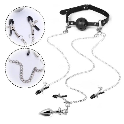 Safe and Comfortable SM Pleasure Set Mouth Plugs Nipple Clamps Anal Plugs Female Pleasure Chains Adult Sex Toys for Women