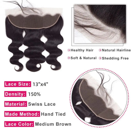 Body Wave 3 Bundles with Frontal Human Hair Natural Black Color 3 Bundles with 13x4 HD Lace Frontal Brazilian Virgin Human Hair