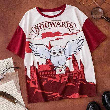 HARRY POTTER Tween Girl Owl Castle Pattern Print Loose Fit Short Sleeve T-shirts Children's Summer Casual Sports Round Neck Tops