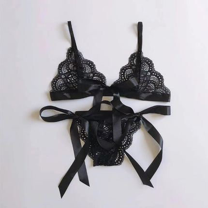 Sexy Lace Split-cut Lace Bikini Fashion Strapping Three-point Bowknot Bralette Lingerie Underwear Women Set See Through Bra