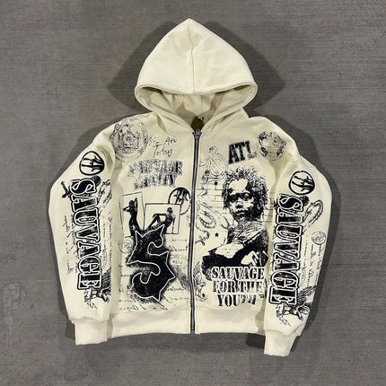 Vintage Yellow Fashion Print Zip Up Hoodies Harajuku Hip Hop Long Sleeve Coats Loose Hooded Sweatshirt Men and Women Streetwear