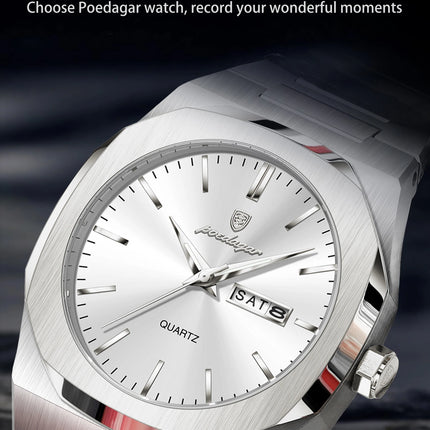POEDAGAR Fashion Brand Male Wristwatch Waterproof Luminous Stainless Steel Men Clock Date Week Casual Quartz Men's Watches Reloj