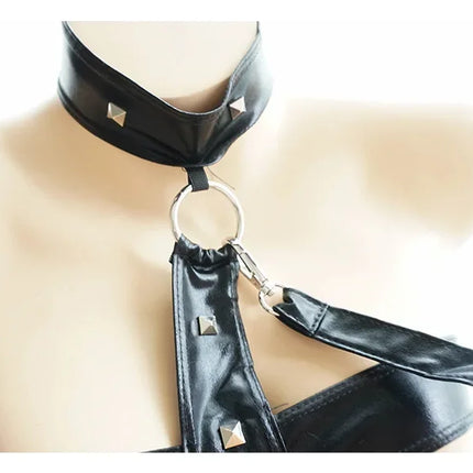 Women Faux Leather Latex Catsuit Black Patent Leather Open Crotch Bodysuit Bandage Nightclub Pole Dancing Clothes Sexy Lingerie