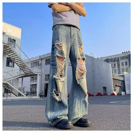 Vintage Distressed Wide Leg Men Jeans Korean High Waist Slim Loose Hanging Straight Long Man Pants Summer