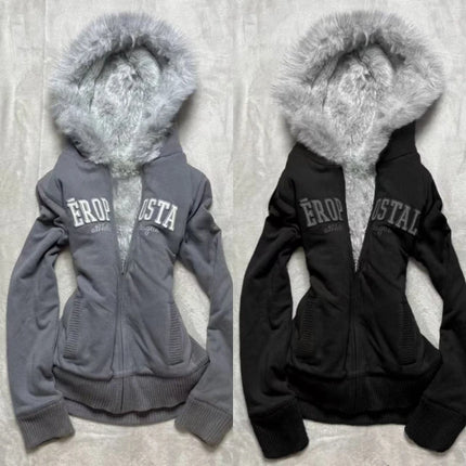 Women Sexy Slim Clothes Kawaii Letter Graphic Print Tops Jacket Harajuku Gothic Y2K Retro Fur Collar Zipper  Hoodie Sweatshirts