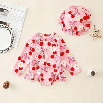 Toddler Girls Long Sleeve Rash Guard Swimsuits with Sun Hat Sets Bow Pattern Zip Up Swimwear Infant Baby Beach Bathing Suits