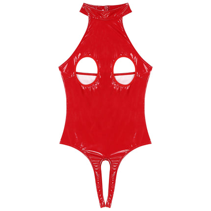 Womens Latex Lingerie Cutout Patent Leather Bodysuit Halter Neck Backless Crotchless Open Cup Teddies Leotard Erotic Clubwear