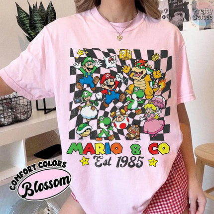 Super Mario Family Vintage T-shirt Men and Women Summer Cotton Y2K Clothing Cartoon High Quality Short Sleeved Tee Streetwear