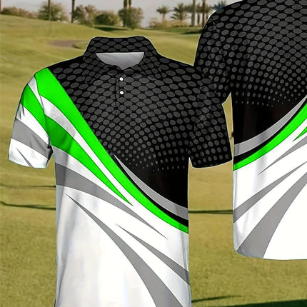 Geometric Pattern Digital Printed Men's Multi-color Unique Short-sleeved Polo Shirt for Summer Outdoor, Golf, Bowling, Tennis