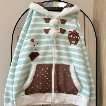 Japanese Sweet Coats Y2K Clothing Hoodie Women Tops Autumn and Winter Color Match Splicing with Thick Velvet Cardigan Jackets