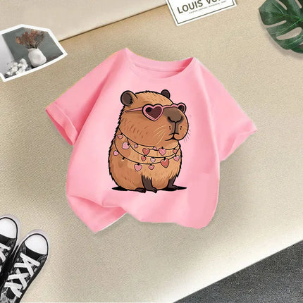 2025 Summer New Cute Animal Kapibala Fashion Printed Children's T-shirt Short Sleeve Fashion Pure Cotton Children's Clothing