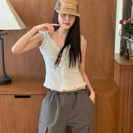Korean Sle ort Striped Vest Women Summer Outerwear Subtle Design Single Button Lobone Trendy Age-Defng Top