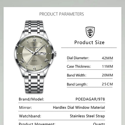 POEDAGAR Luxury Fashion Men Clock Waterproof Luminous Date Week Man Wristwatch Sports Stainless Steel Quartz Men's Watches Reloj