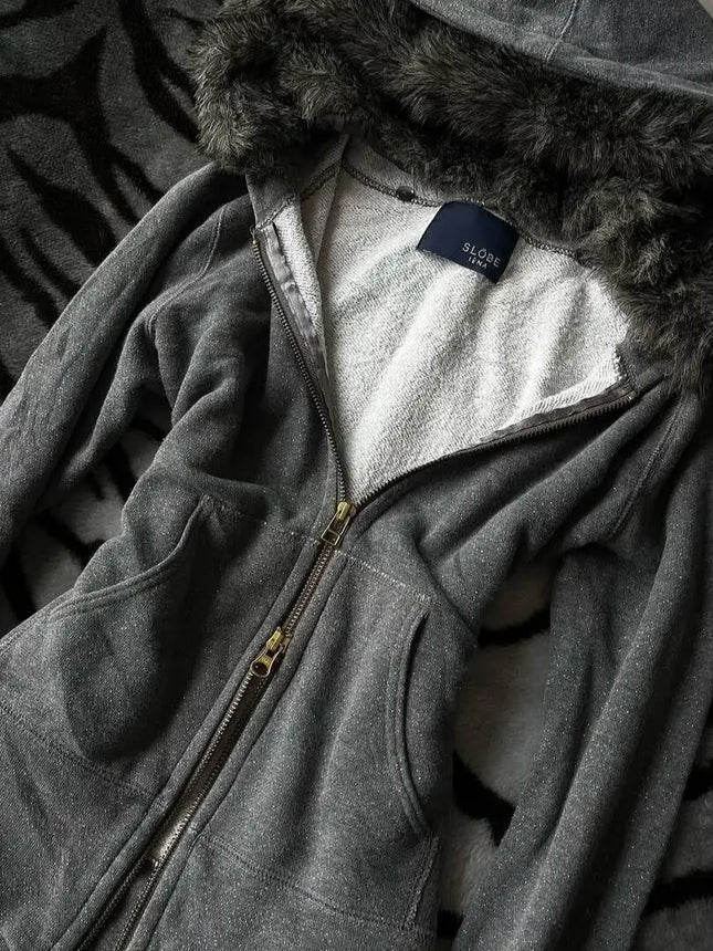 SIRI New Hip-hop Trend Zipper Hoodie Female Street Casual Loose Joker Retro Sweatshirt Y2K Unisex Fleece Padded Warm Hoodie