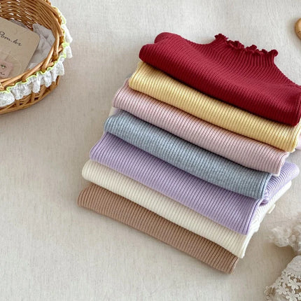 Kids Girls High Neck Knit Sweater Childrens Long Sleeve Undershirt Ruffled Solid Color Autumn for 0-5Y Girls Inner Top