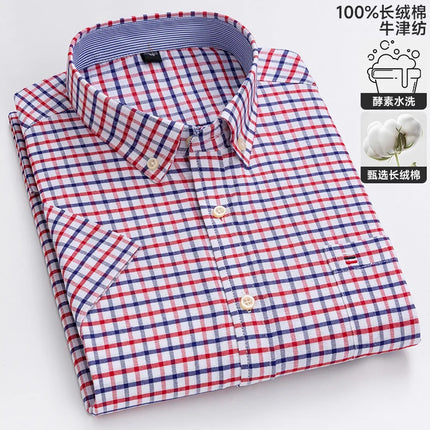 New 100% Cotton Oxford Men's Shirts Short Sleeve Plaid Soft Regular Fit Formal Dress Shirt Social Blouse Male Clothes 6XL 7XL