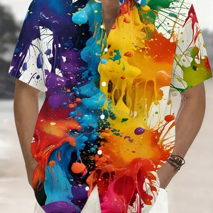 Men's Summer Casual Shirt Vibrant 3D Print Graffiti Art Short Sleeves Lapel Button-Up Top Stylish Streetwear Colorful Shirt Man