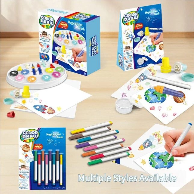 Magic Light Brush Drawing Set for Kids Mess Free LED Painting Station with Graffiti Seals and Coloring Pages  Montessori Toys