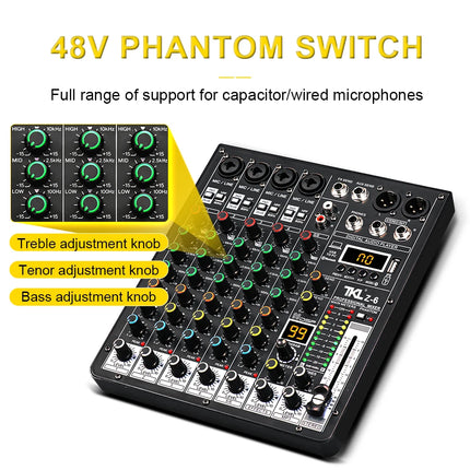 TKLBLS Professional 6-Channel 99DSP Audio Mixer 48V Phantom Power USB Studio Karaoke Bluetooth DJ Console Mixer