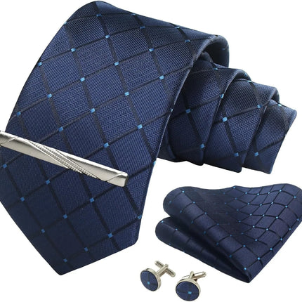 Classic 100% Silk Men's Ties In Gift box 8cm Plaid Dot Striped Business Necktie Handkerchief Cufflinks Wedding Party Tie Set