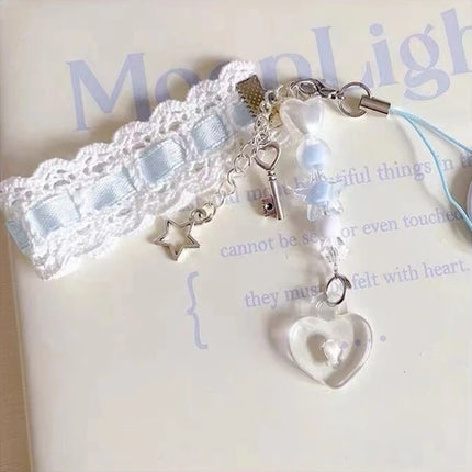 Dainty Lace Ribbon Keyring Cute Heart Pendant Keychain Colorful Beaded Phone Lanyard Multi-Functional Bags Accessories