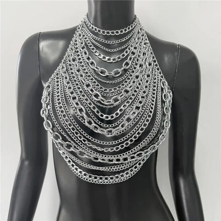Summer Women Metal Chain Tank Top Sexy Hollow Out Backless Deep V Neck Halter Neck Crop Top Rave Party Nightclub Camisole New