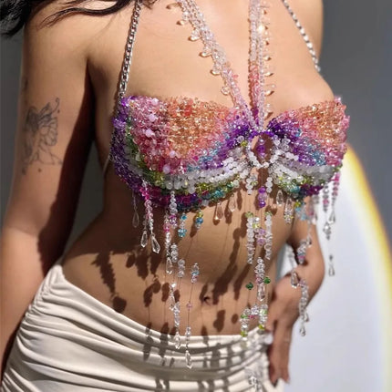 Women's Beading Vest Hollow Out Tops Body Beachwear Lingerie Harness Beaded Bralette Neck Bra Bustier Bra Women Club Rave