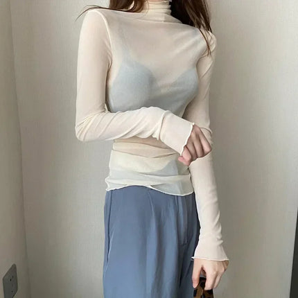 High Neck Sheer Mesh Top Women Clothing Long Sleeve Turtleneck T-shirt Korean Sexy See Through Black White Beige Shirt New